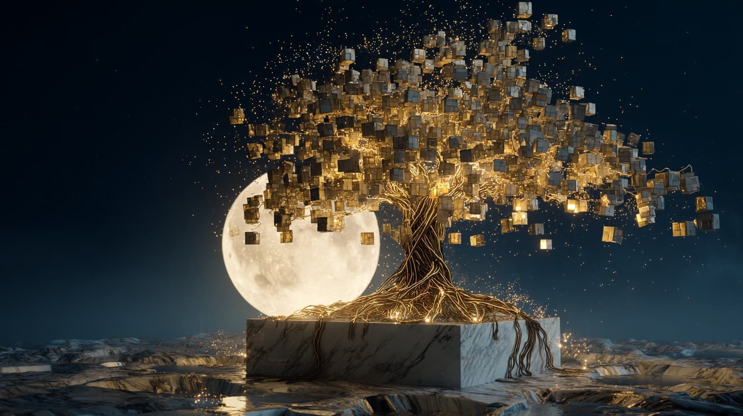An ancient glowing tree formed from floating translucent geometric cubes and golden dust, standing solitary on a dark horizon. The roots are aggressively gripping and fracturing a slab of white marble. A massive, dim moon in the background creates a rim-light effect on the cubes, highlighting their edges. The atmosphere is filled with swirling particle fireflies. A seamless fusion of nature and technology, symbolizing adaptation. Wide angle, cinematic lighting, dark navy and gold color palette