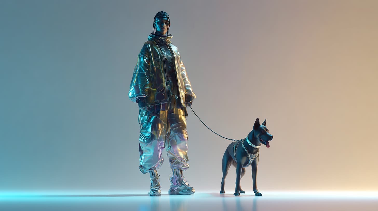 human in cyberpunk crafted with metallic colors, set against light gradient background. Cinematic lighting. Majestatic posture. Holding a cyberpunk dog on the line