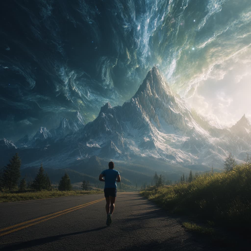 an athlete running towards melting mountains and entering into a new universe full of growth and surprises.