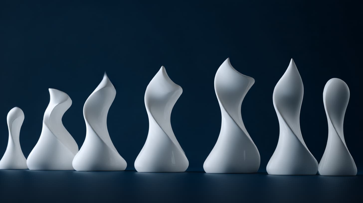 A series of pristine white chess pieces arranged in a line, featuring fluid organic shapes and soft curves rather than traditional carvings. They are standing on a sleek, dark reflective surface. The background is a solid, deep midnight blue (#0E131B) to match the course branding. The lighting is soft and diffused, emphasizing the smooth, liquid-like design of the white pieces against the dark void. Minimalist design, architectural photography, ultra-clean aesthetic